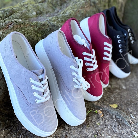 Canvas Burgundy Lace Up Sneakers - Picture 3 of 4